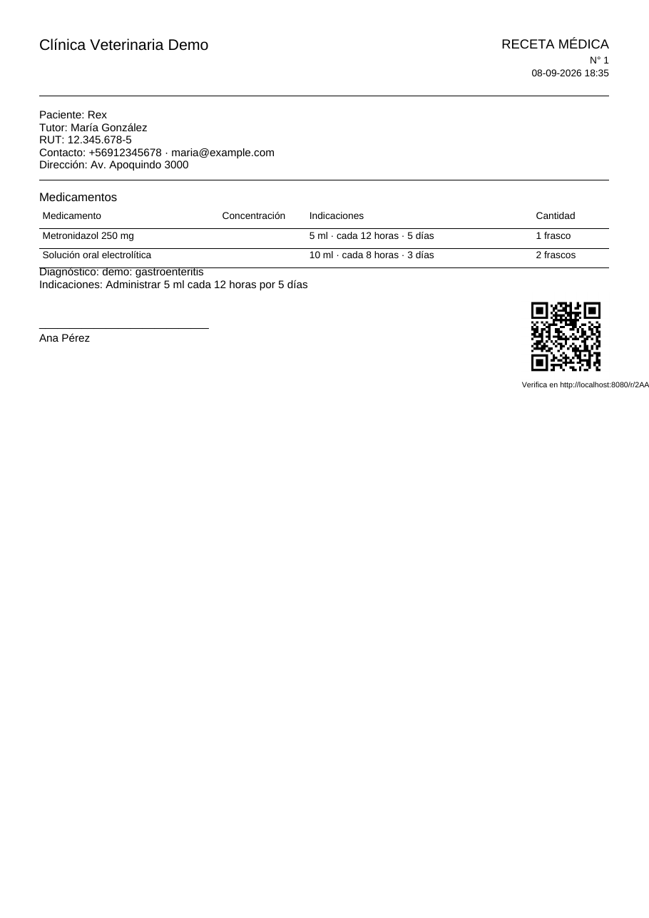 Receta veterinaria imprimible con QR de verificación en Puduvet