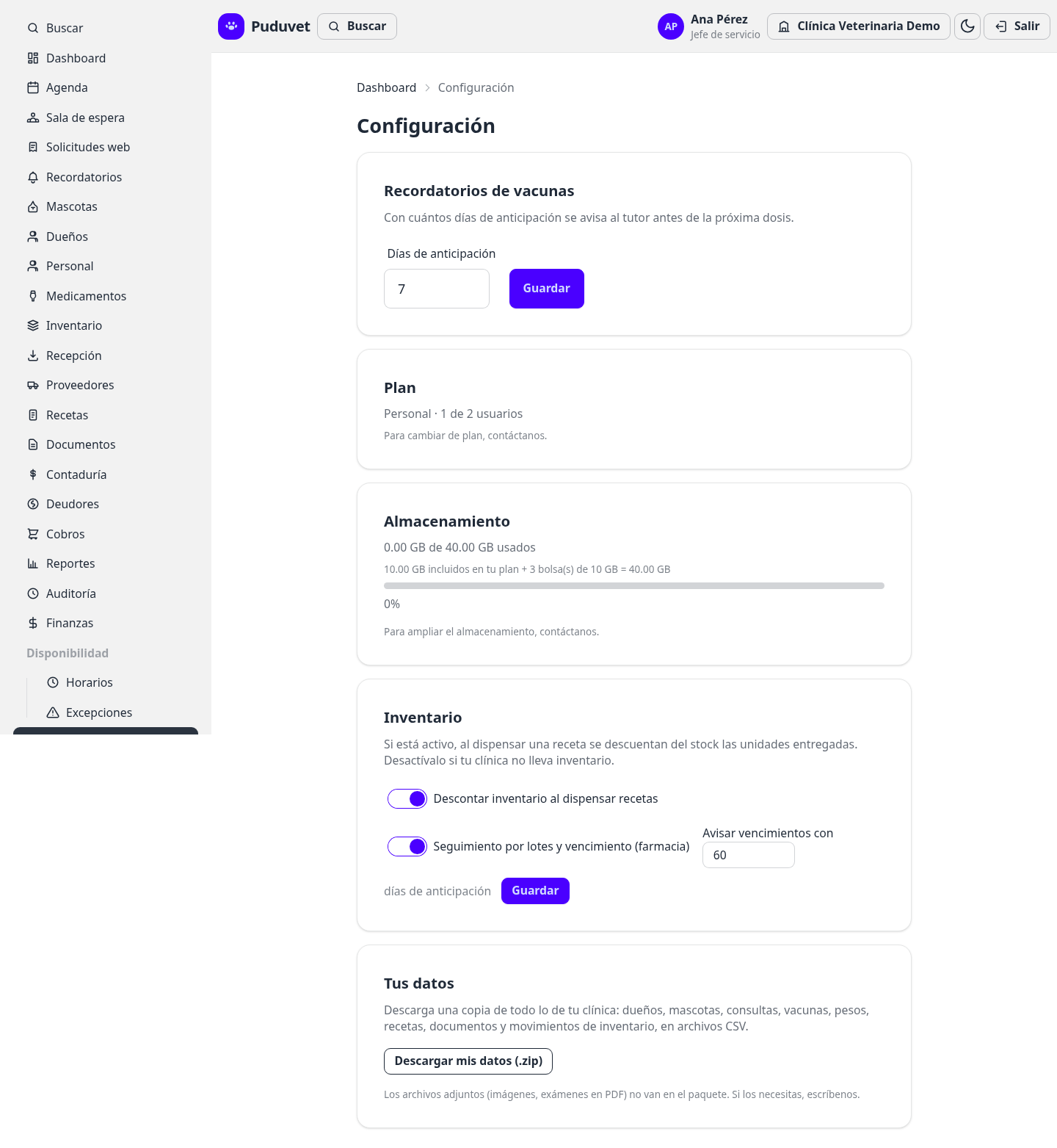 Configuración de la clínica en Puduvet