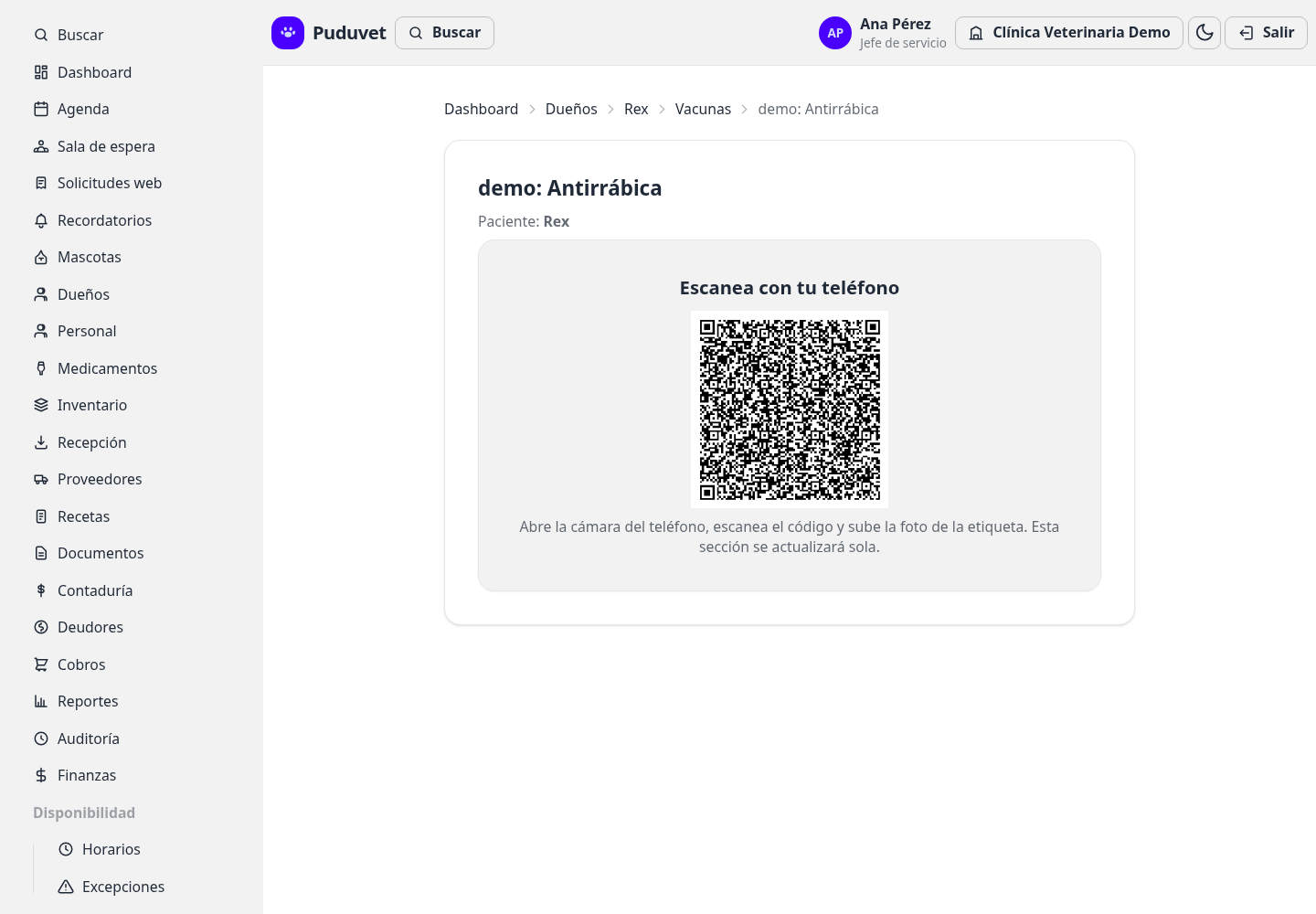 Vacuna con captura de etiqueta por QR en Puduvet